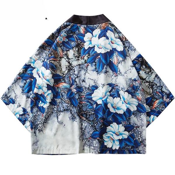 

men's jackets harajuku floral kimono jacket japanese hip hop men streetwear blue leaves flower print 2021 summer thin gown japan style, Black;brown