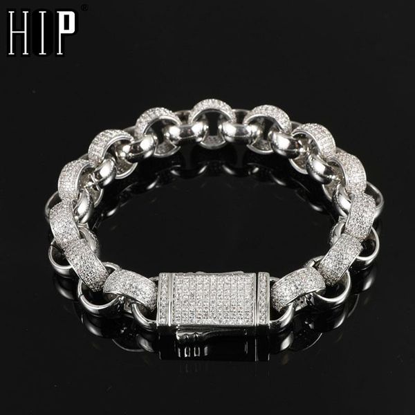 

link, chain hip hop 12mm iced out heavy bead round cuban baguette copper + cubic zirconia stones bracelet for women men jewelry, Black