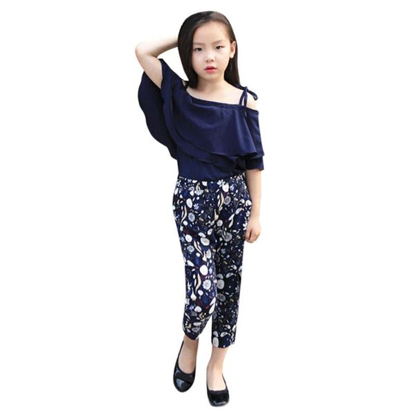 

clothing sets toddler kid baby girl summer off shoulder t-shirt short floral long pants with born children clothes, White
