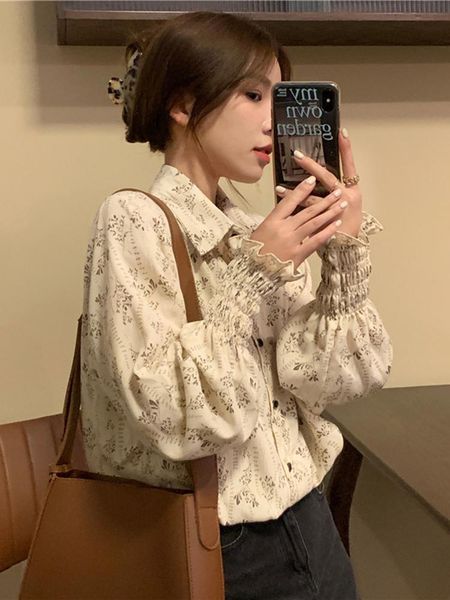 

women's blouses & shirts women spring summer capable retro korean turn-down collar flare sleeve floral print all fit charming loose fem, White