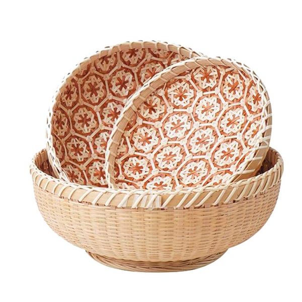 

storage baskets 3 pack natural bamboo weaving round baskets,fruit basket,bread for serving,kitchen snack gift basket