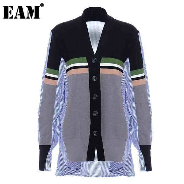 

[eam] big size striped knitting cardigan sweater loose fit v-neck long sleeve women fashion autumn winter 1dd2344 210812, White;black