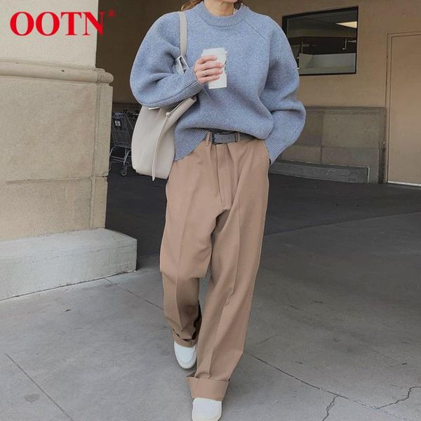 

women's pants & capris ootn casual street wide leg women summer loose khaki solid floor 2021 elegant office ladies work autumn trouser, Black;white