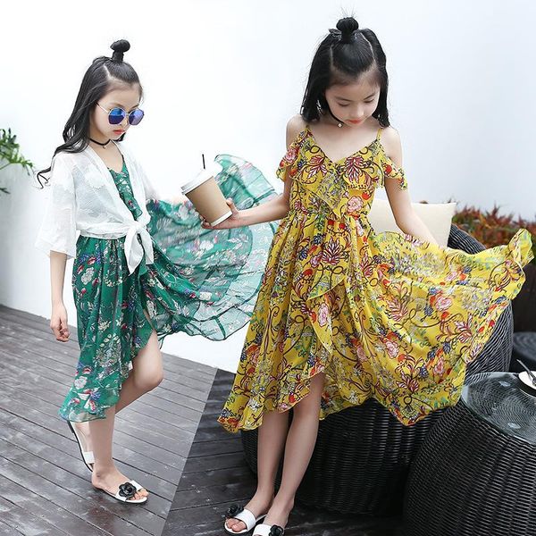 

girl's dresses girls dress bohemian summer for 2021 casual beach sundress teenage kids teen clothes 6 8 10 12 year, Red;yellow