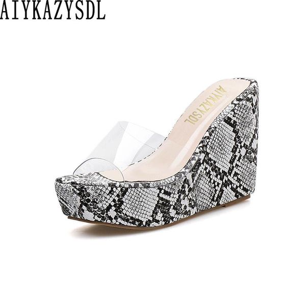 

women open toe slides mules faux snakeskin print pvc clear transparent sandals platform shoes wedge high heels beach, Black