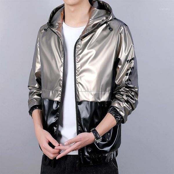 

men's jackets 2021 spring and autumn gold/silver/ shinny hip hop jacket men casual spliced hooded coats bomber mens punk plus size 5xl, Black;brown