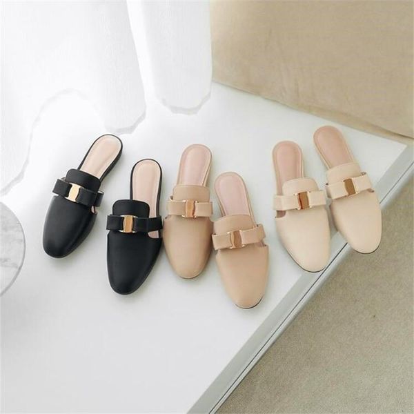 

slippers comfortable round toe ladies flat heel black simple bow summer sandals