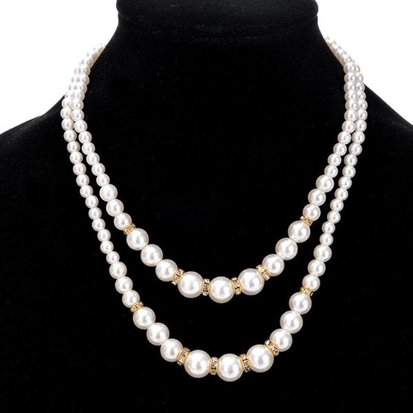 

chokers fashion women faux pearl beads rhinestone inlaid double layer necklace jewelry stainless steel woman accessories, Golden;silver