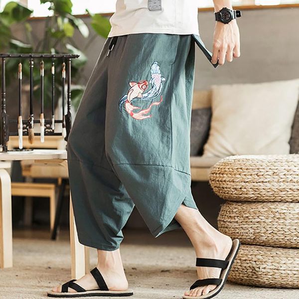 

men's pants 2021 summer goldfish embroidery loose calf-length big crotch harem lightweight casual chinese style trousers, Black