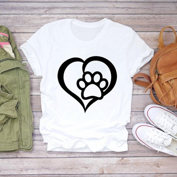 

love heart dog paw women t shirts short sleeve 90s trend ladies print lady womens graphic shirt female tee, White