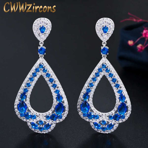 

elegant cz bridal party jewelry luxury long drop cubic zirconia big royal blue wedding earrings for brides cz197 210714, Silver