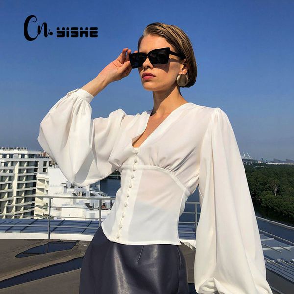

cnyishe fashion korean style t-shirts tee women deep v-neck lantern sleeve shirts female casual streetwear 210419, White