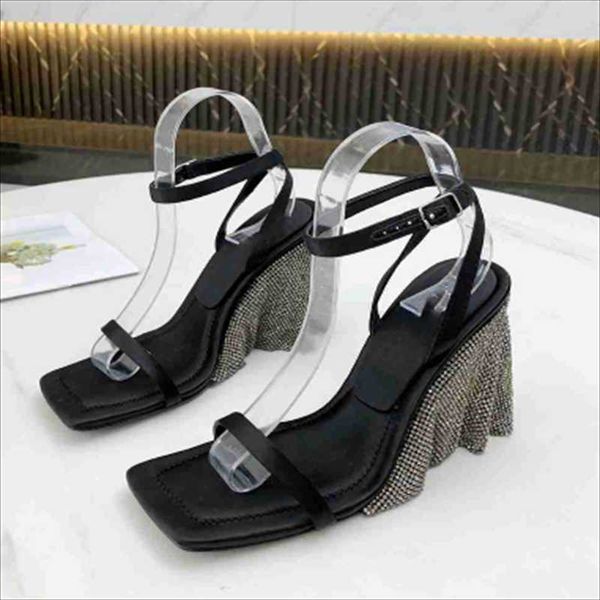

sandals ankle strap mules shoes women square toe slippers female crystal fringe high heels designer slides, Black