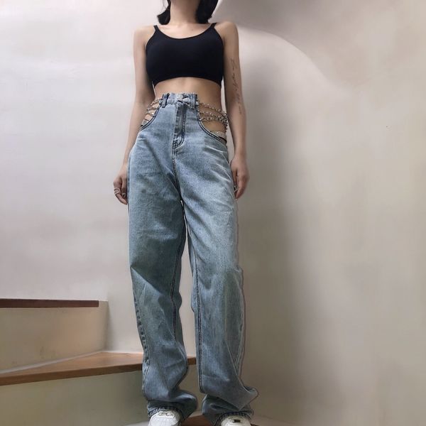 

jeans amoi chain hollow high waist wide leg jeans mopping trousers women, Blue