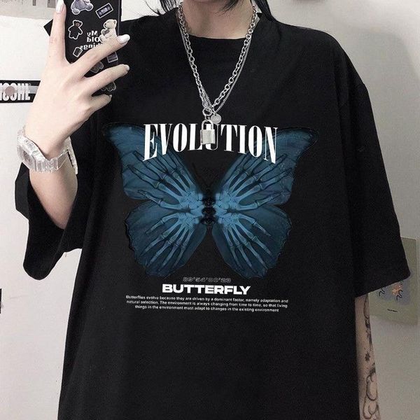 

women's t-shirt butterfly print men and women 2021 harajuku hip-hop short-sleeved casual street loose, White