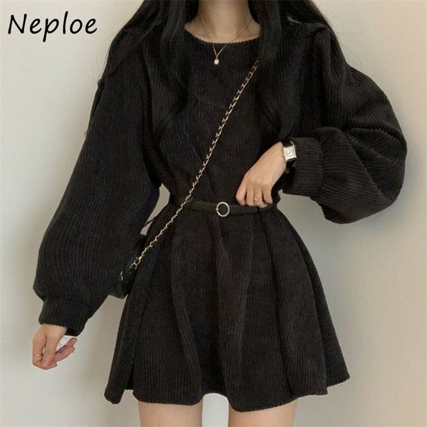 

o neck pullover puff long sleeve dress women high waist hip sashes a line vestidos spring corduroy robe slim 210422, Black;gray
