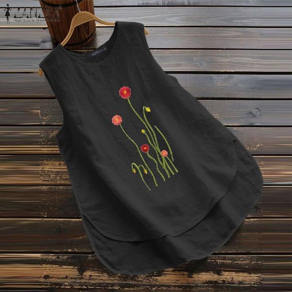 

women's blouses & shirts 2021 znazea summer tank blouse vintage floral embroidery tunic women casual o neck sleeveless cotton linen bl, White