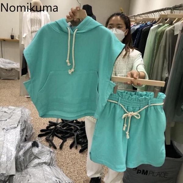 

nomikuma woman short sets sleeveless hooded pullover sweatshirt + lace up stretch waist shorts 2021 summer 2 pieces suits 6h270 women's, Gray