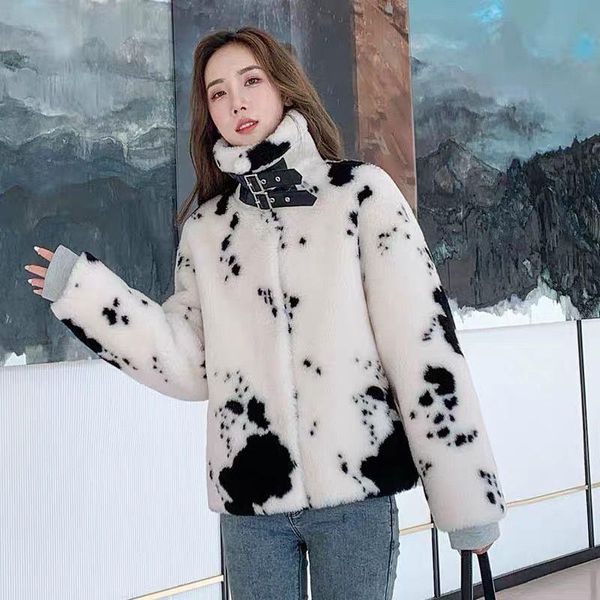 

women's fur & faux 2021 women winter print real coat female genuine lambs wool stand collar sheep shearing jacket ladies vintage outerw, Black