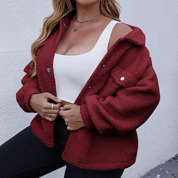 

plus size outerwear & coats lambswool jacket for fall/winter style business with lapel collar solid color no shed hair micro-bomb coat, Black