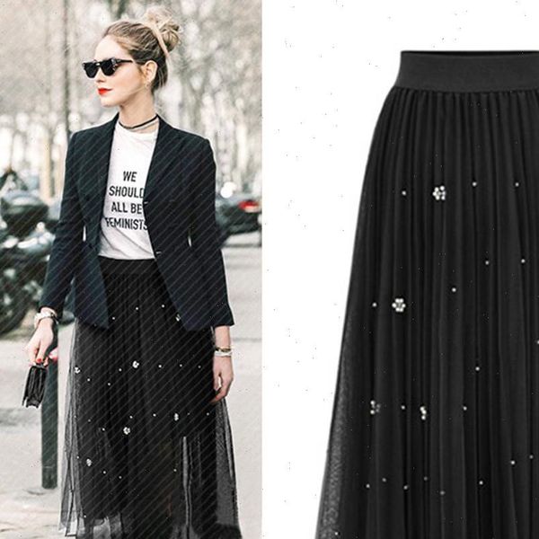 

home amp nest spring tutu womens skirt beading mesh tulle elastic high waist a line mid calf midi long pleated, Black