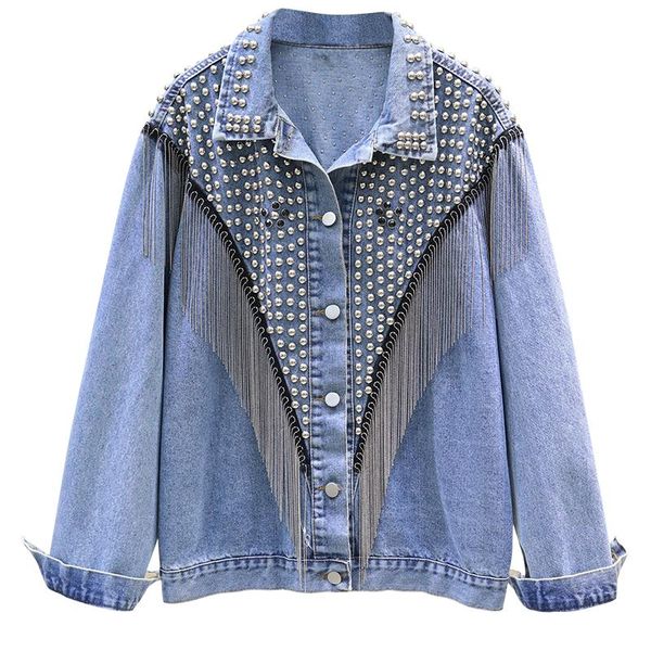

women's jackets autumn winter denim coat woman fashion tassel diamond rivet jacket korean loose short outwear women jeans d3279, Black;brown