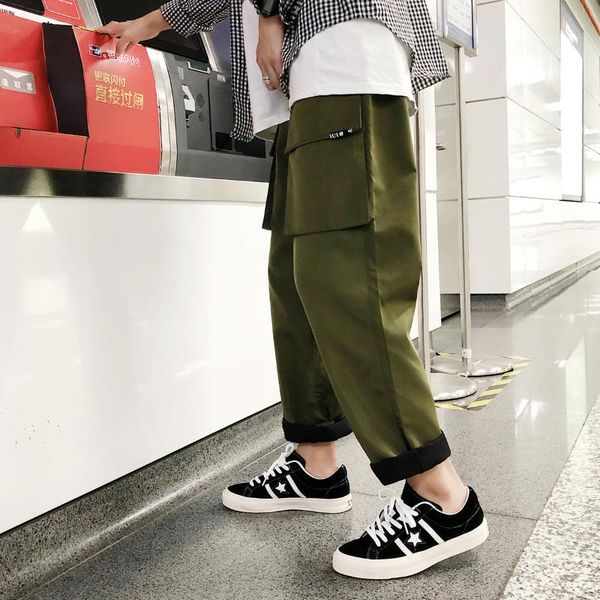 

men's fashion multi-pocket straight casual cargo pants elastic waist loose solid color green/black trousers size m-2xl