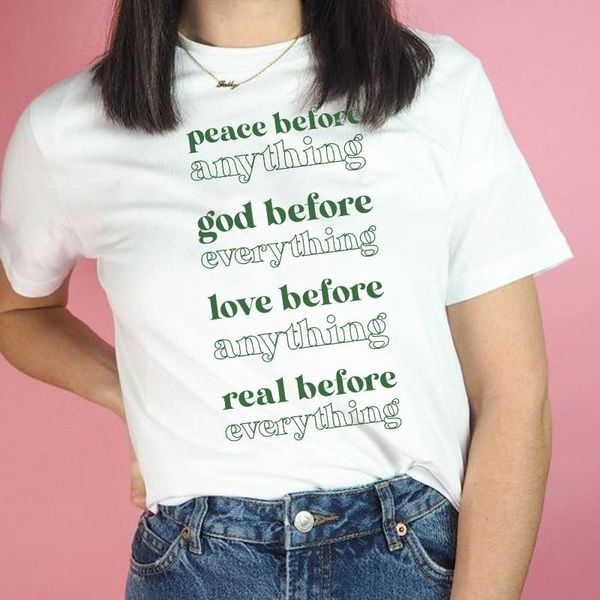 

women's t-shirt peace before anything inspirational quotes letter printed casual short sleeve slogan tee christian shirt, White