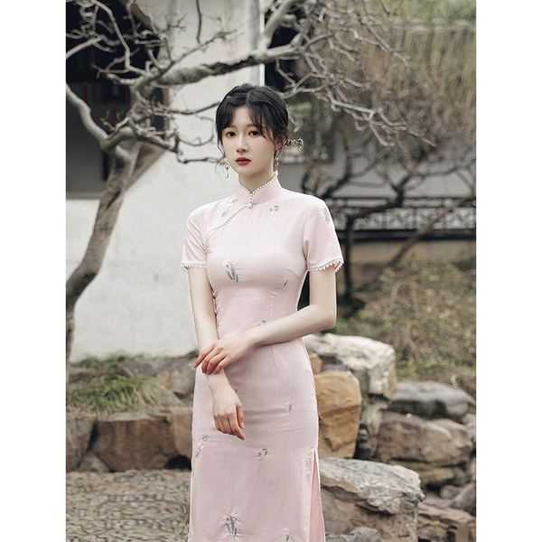 

female short sleeve qipao large size 3xl classic pink embroidery mandarin collar cheongsam for women vestidos slim chinese dress ethnic clot, Red