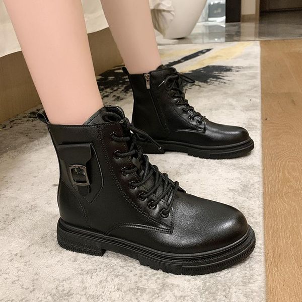 

boots woman ankle shoes flat platform ladies short autumn winter waterproof warm female comfortable round toe 2021, Black