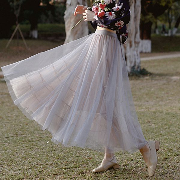 

blazers double layers mesh long for women korean style tutu skirt 2021 spring female pleated ball gown tulle skirts, Black