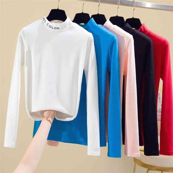 

autumn and winter women cotton t-shirt solid color loose base casual long sleeve o-neck tees 210507, White
