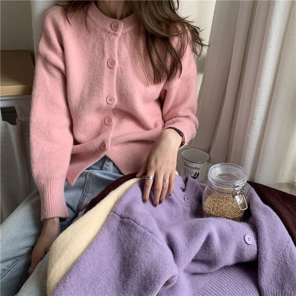 

women's knits & tees 2021 autumn/winter knitted cardigan jacket simple loose o-neck sweater korean warm pull femme casual 18002, White