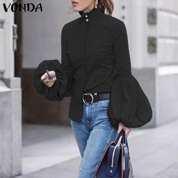 

vonda womens blouse 2021 autumn tunic casual long lantern sleeve shirt office lady blusas buttons turtleneck plus size, White