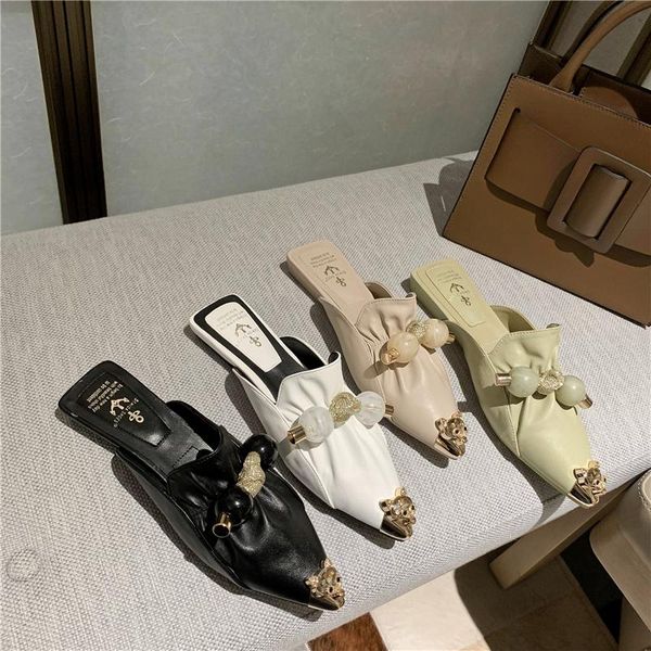 

slippers for women flat pointed toe pearl knot casual summer slip-on mules backless loafers ballet flats low heel luxury shoes, Black