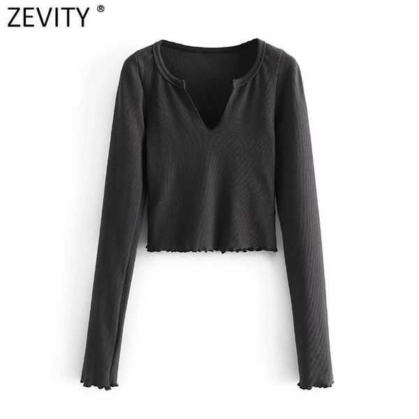 

women simply v neck split solid color short chic t shirt ladies long sleeve hem ruffles casual slim crop ls7620 210420, White