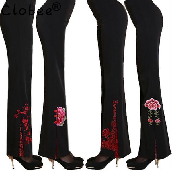 

women's pants & capris flare women long high waist leg embroidery black office 5xl skinny dance slim trousers a2, Black;white