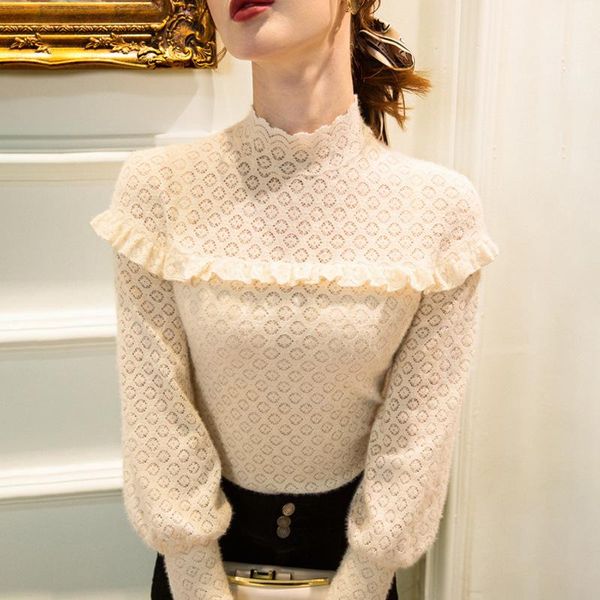 

women's t-shirt retro autumn women thin black lace t shirt turtleneck long sleeve slim crochet patchwork tee, White