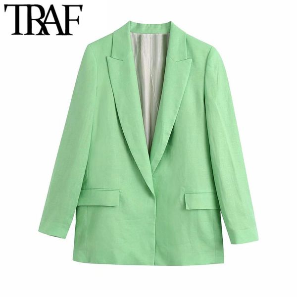 

women's suits & blazers traf women fashion with printed cuffs linen blazer coat vintage long sleeve flap pockets female outerwear chic, White;black