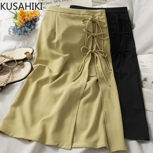 

kusahiki irregular split skirts bow tie high waist split woman skirt causal summer faldas mujer moda 6g993 210602, Black