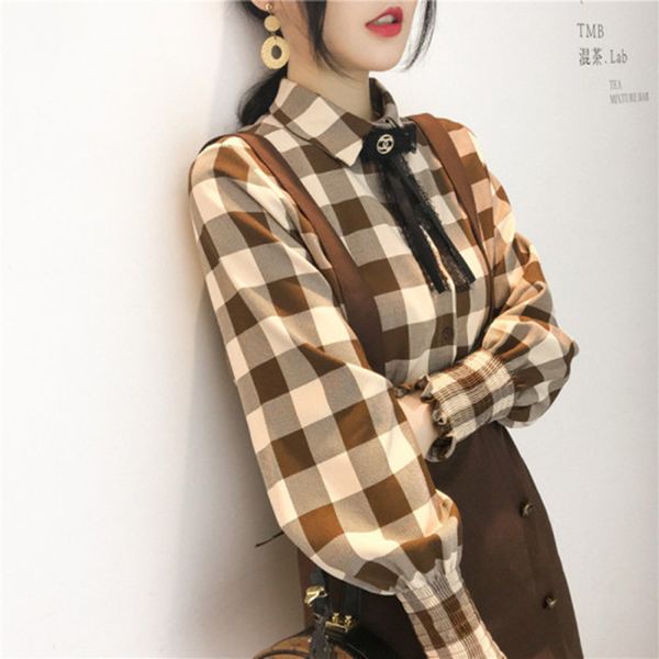 

shirts fall preppy style long plaid sleeves all combined casual loose turn-down collar female d523, White