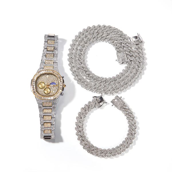 

men necklace iced out miami cuban chain hip hop jewelry rose gold silver diamond watch necklaces bracelet set