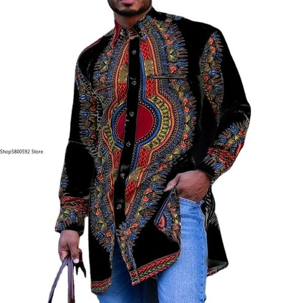 

ethnic clothing chilaba men's fashion print dashiki t-shirt muslims mid-length long sleeve casual slim shirts african for man 2022, Red