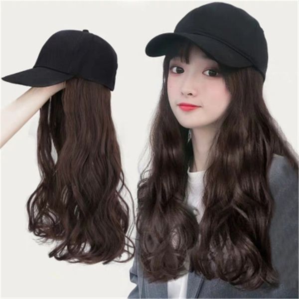 

hat women's wig integrated fashion natural ventilation long curly hair big wave net red full head cover, Black;brown