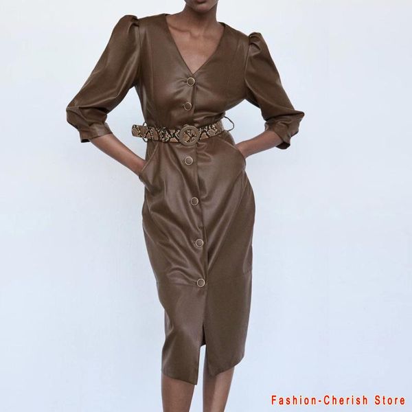 

women pu faux leather dress with belt long sleeve retro elegant ladies brown mid vestido female autumn button casual dresses, Black;gray