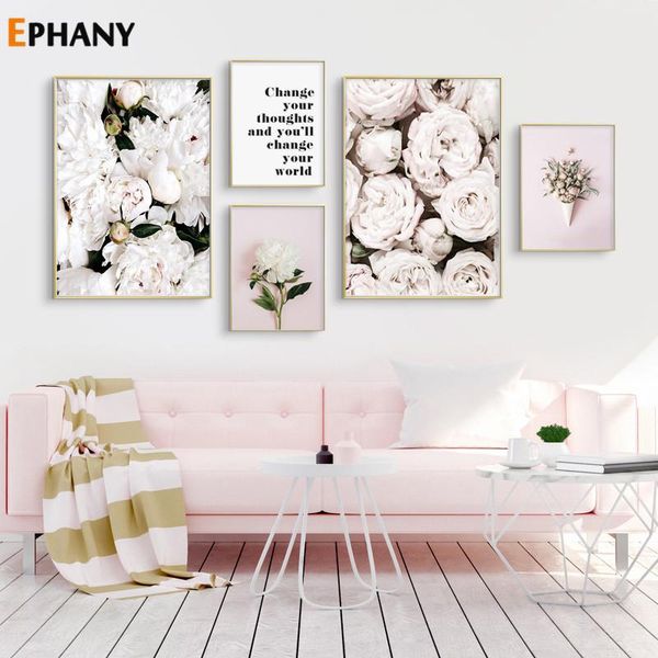 

paintings pink rose peony flower wall poster nordic botanical floral print positive quote picture scandinavian canvas painting home decor