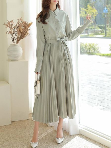 

casual dresses fashion women shirt dress spring long sleeve solid pleated 2021 elegant office lady lace up midi length, Black;gray