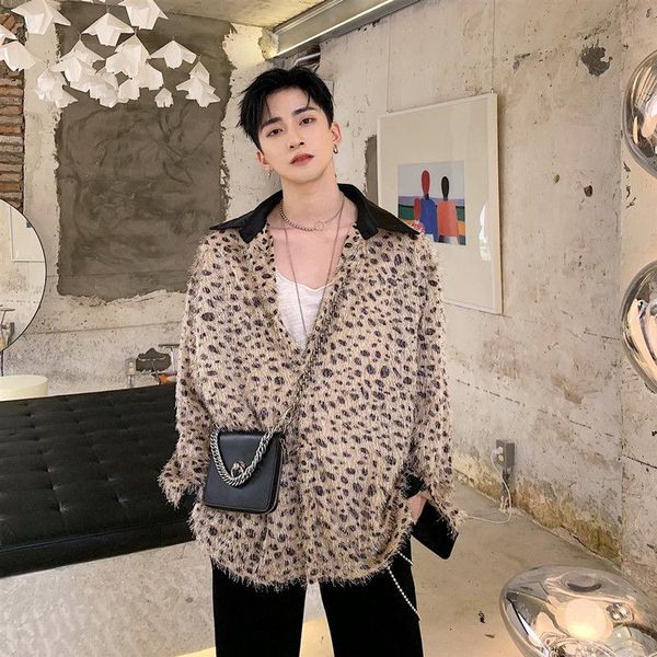 

fashion leopard tassel shirt men long sleeve loose fit summer autumn oversize party club dress big size designer men's casual shirts, White;black