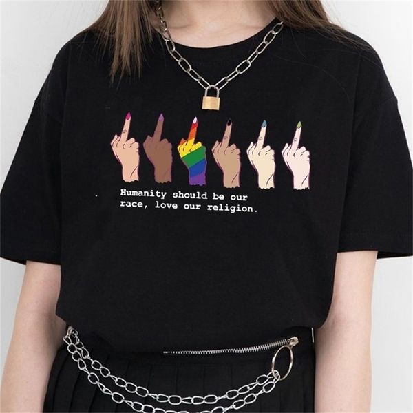 HJN VIP Menschlichkeit sollte Rasse sein, liebe unsere Religion gegen Rassendiskriminierungsstil LGBT Mittelfinger gedrucktes T -Shirt 210406