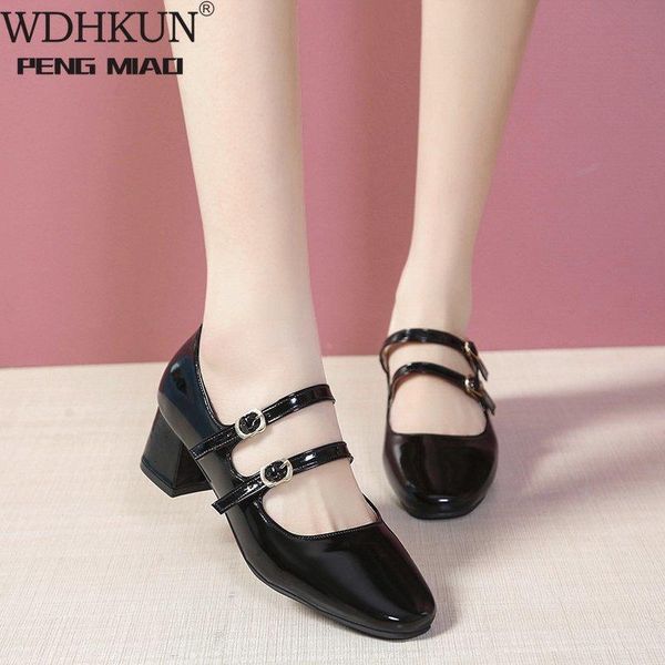 

dress shoes 2021 spring autumn women double buckle mary janes patent leather high heels pumps retro ladies shoe black red